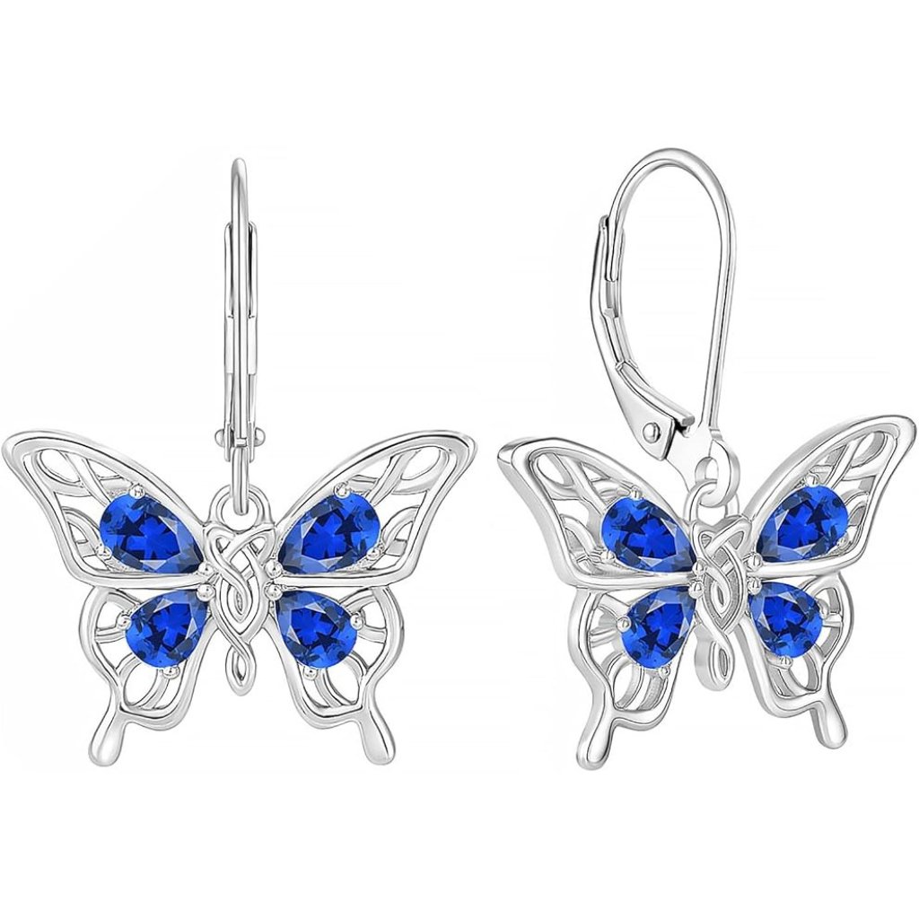Sep Sapphire Butterfly 925 Sterling Silver Leverback Birthstone Earrings